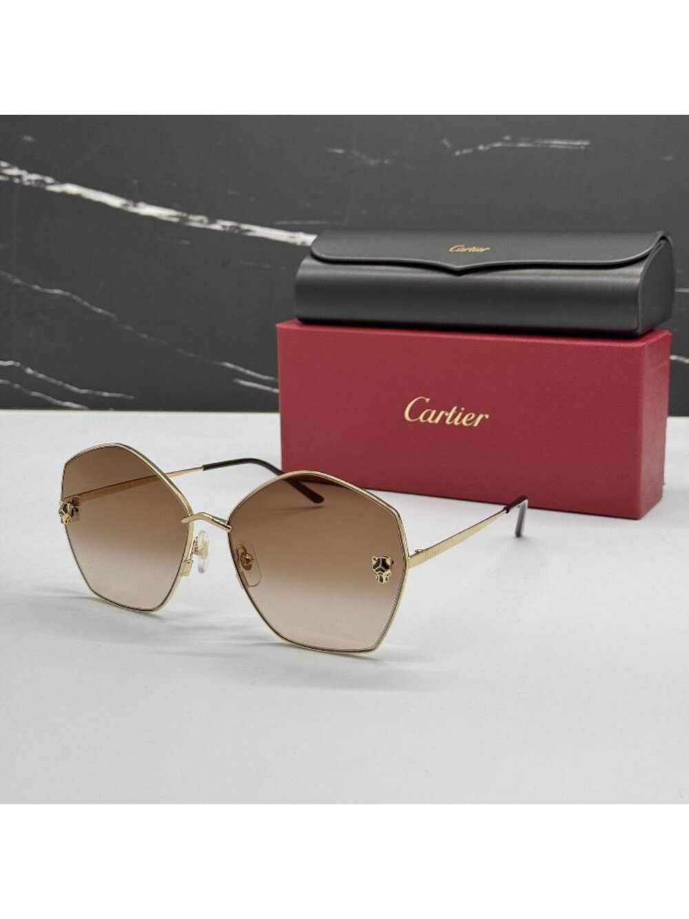 New Cartier CT0356S 002 Women Gold Brown Oversized Sunglasses Authentic